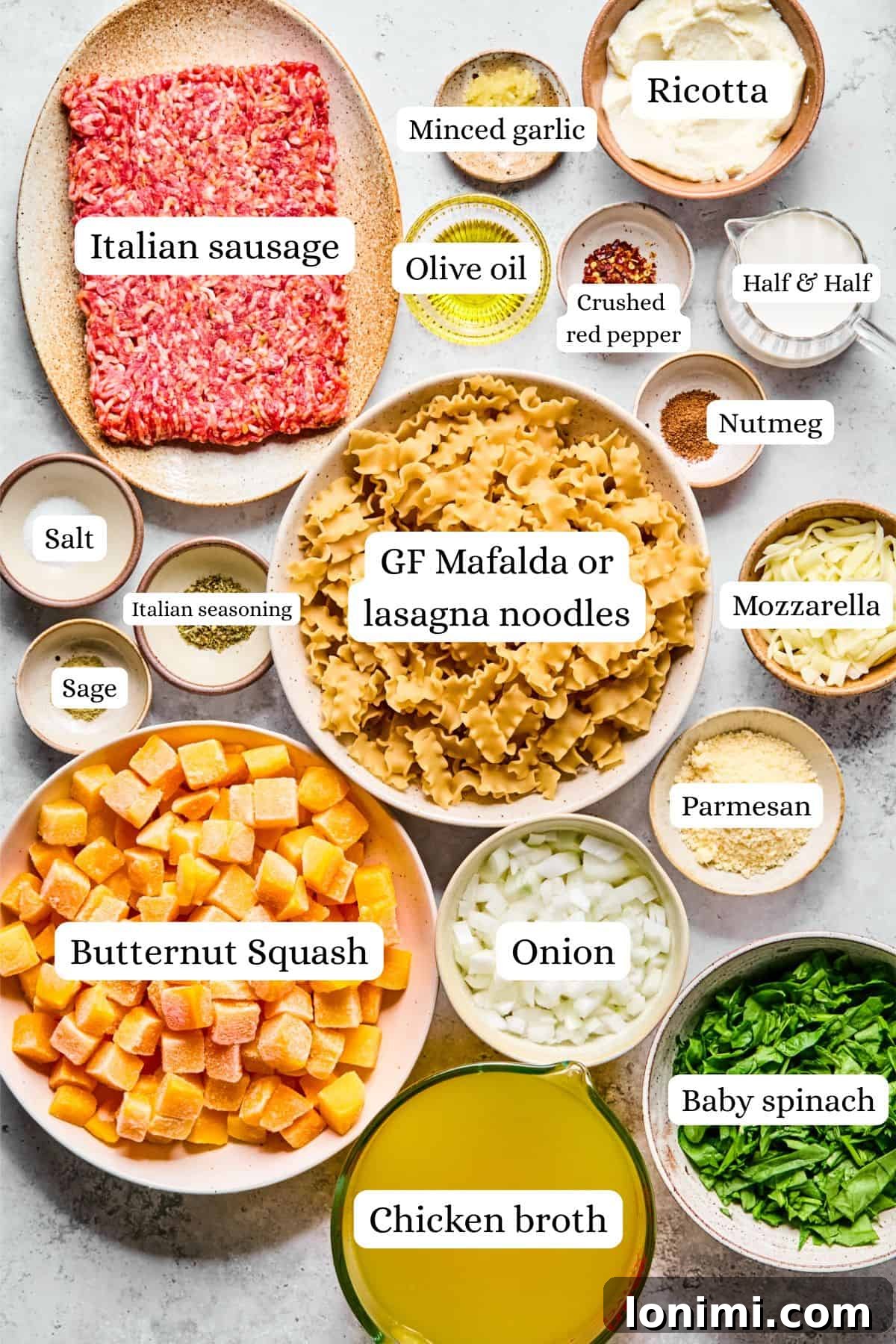 Ingredients for butternut squash lasagna soup arranged on a white surface, including sausage, onion, garlic, squash, spinach, pasta, and cheese.