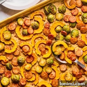 a side view of a delicata squash sheet pan dinner