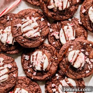 peppermint hot cocoa cookies with marshmallows in the middle topped with chocolate and crushed candy canes
