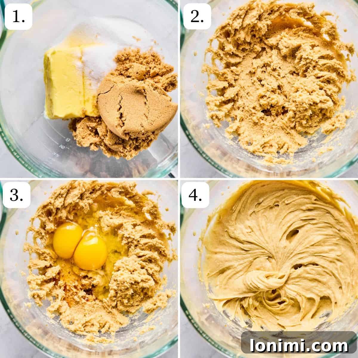 Step-by-step photos illustrating the initial stages (steps 1-4) of preparing the gluten-free hot cocoa cookie dough.