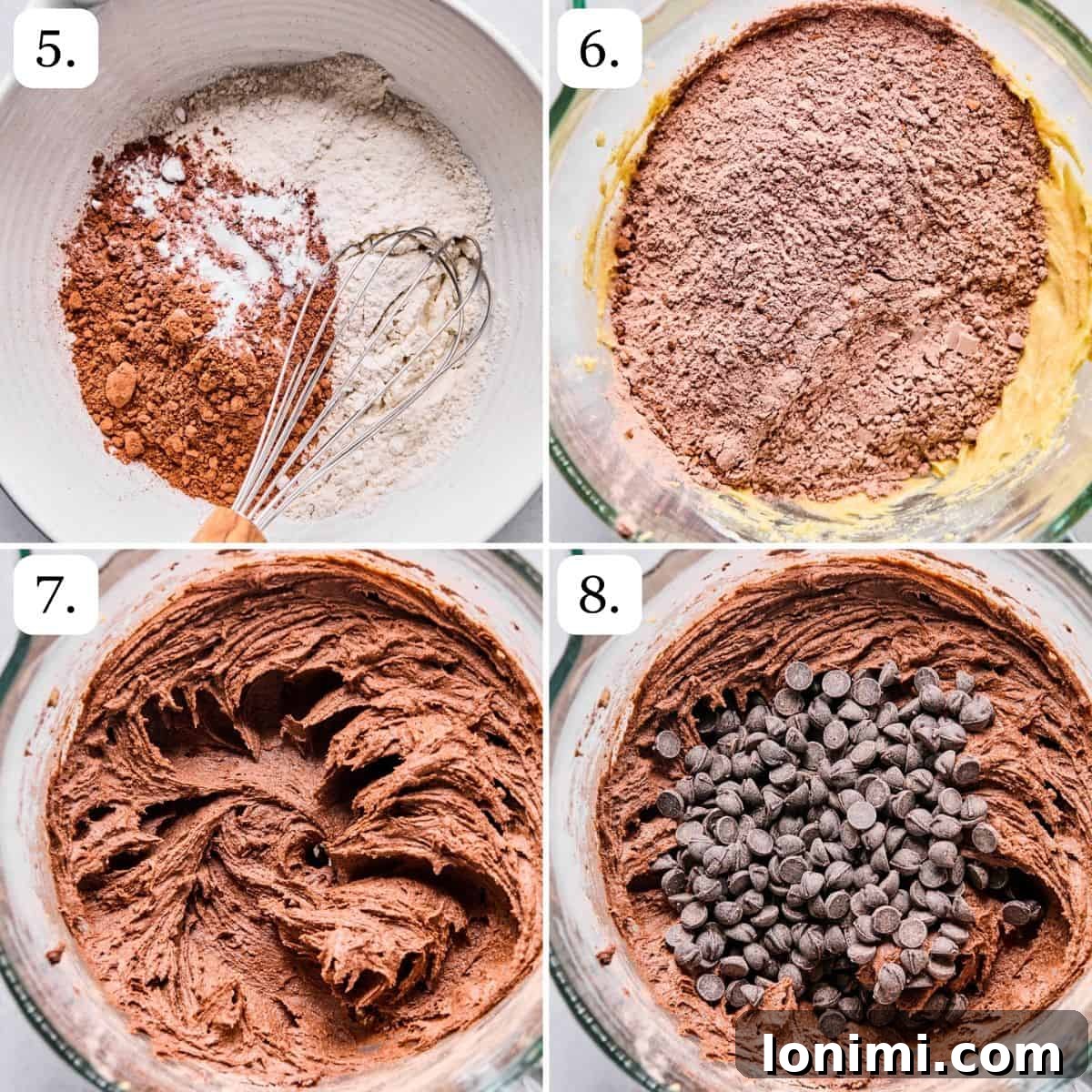 Hot cocoa cookie step-by-step photos detailing the middle stages (steps 5-16) of dough preparation and initial baking.