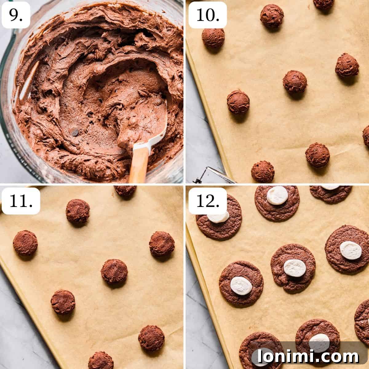 The final stages of preparing hot cocoa cookie dough before baking, including chilling and shaping.