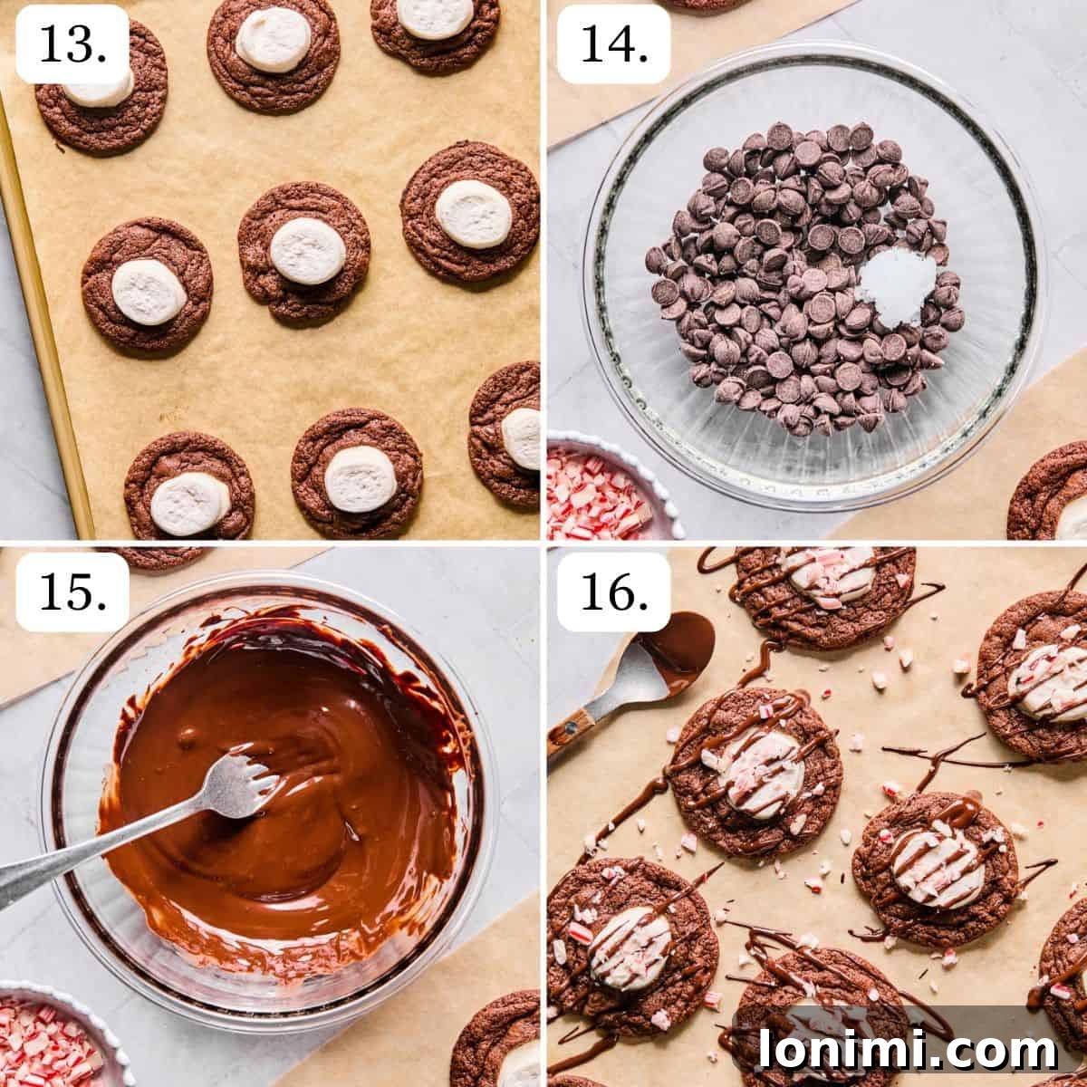 Gluten-free hot cocoa cookies freshly baked with melted marshmallows, ready for the final chocolate drizzle and candy cane topping.