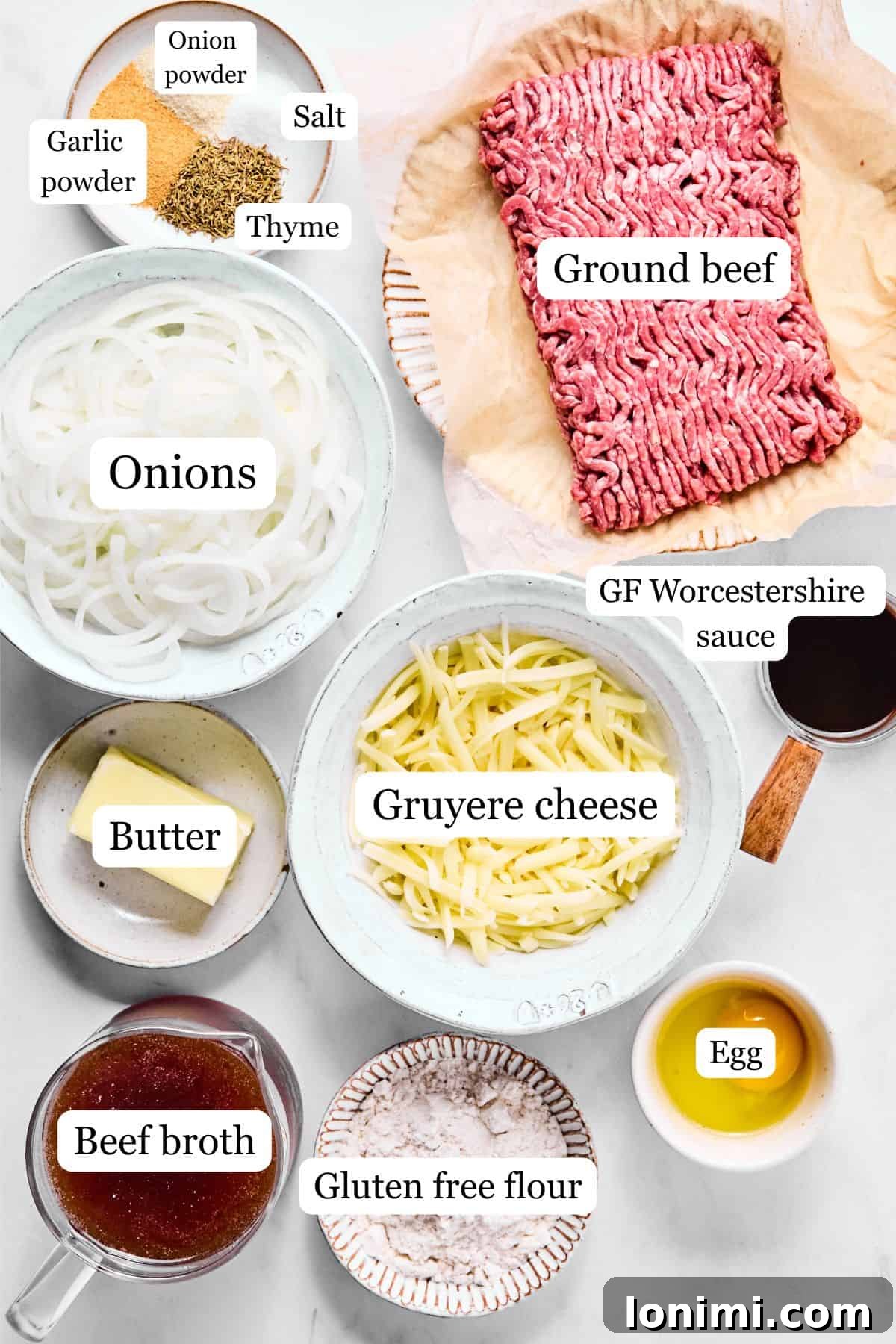 All the ingredients for French onion meatballs laid out on a kitchen counter.
