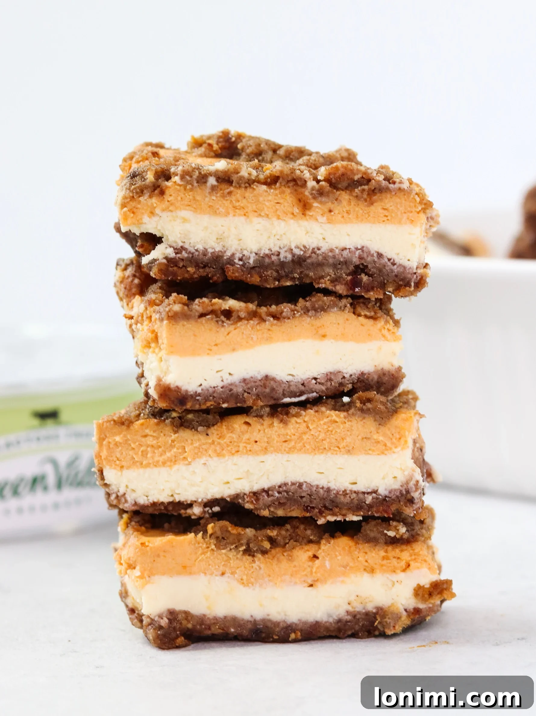 Decadent Grain Free Gluten Free Lactose Free Pumpkin Cheesecake Bars 2 Lactose Free Pumpkin Cheesecake Bars - a close-up shot of the finished bars ready to serve