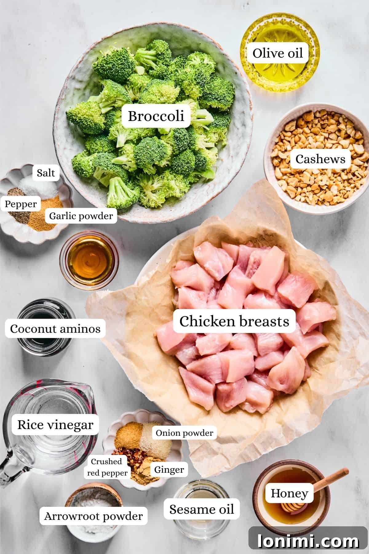Chicken broccoli stir fry ingredients labeled and laid out on a gray countertop.