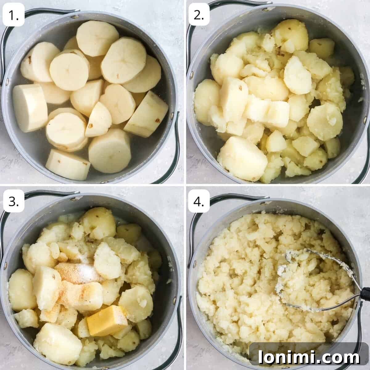 A step-by-step visual guide showing 4 photos of how to make dairy-free mashed potatoes on the stove top