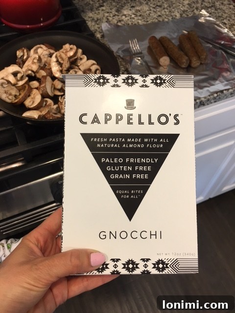 Creamy Cashew Pesto Gnocchi with Chicken Sausage and Mushrooms 2 Cappello's grain-free pasta and pizza products