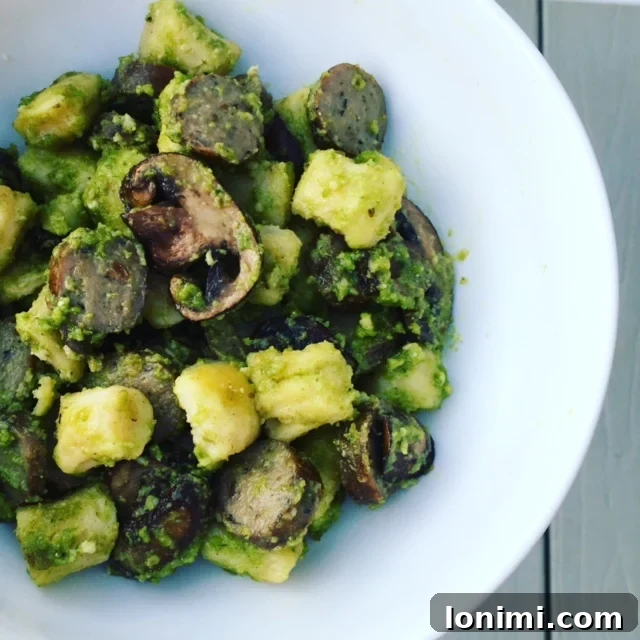 Delicious Gnocchi with Mushrooms, Chicken Sausage, and Cashew Pesto dish