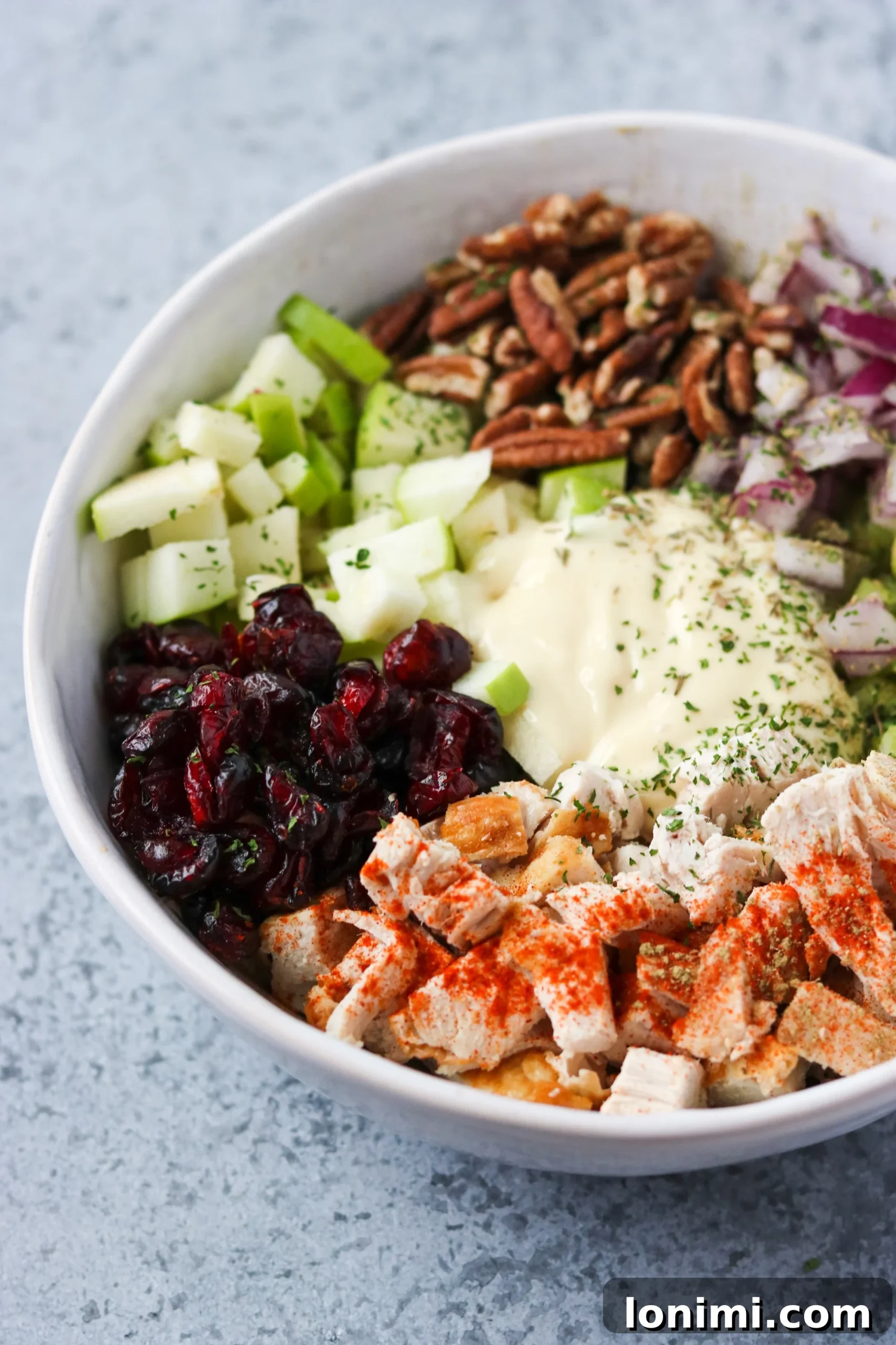 All ingredients for pecan cranberry chicken salad neatly placed in a large white mixing bowl before combining.