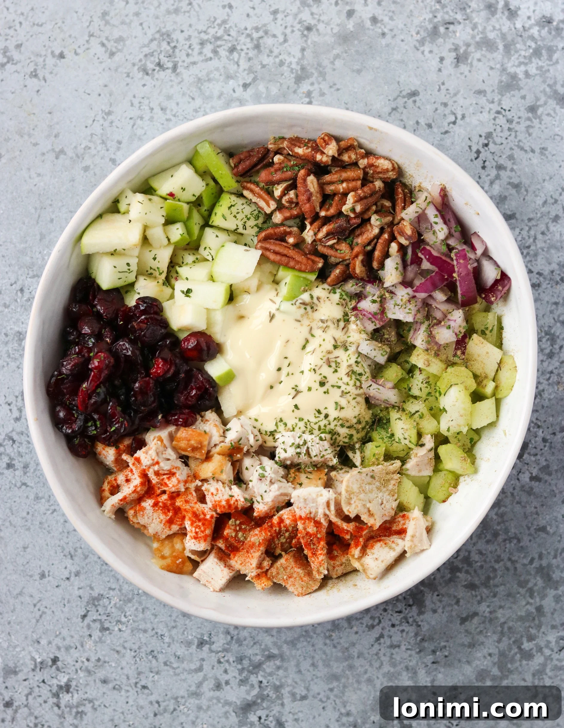 The finished cranberry pecan chicken salad in a pristine white bowl, showcasing its vibrant colors and textures.