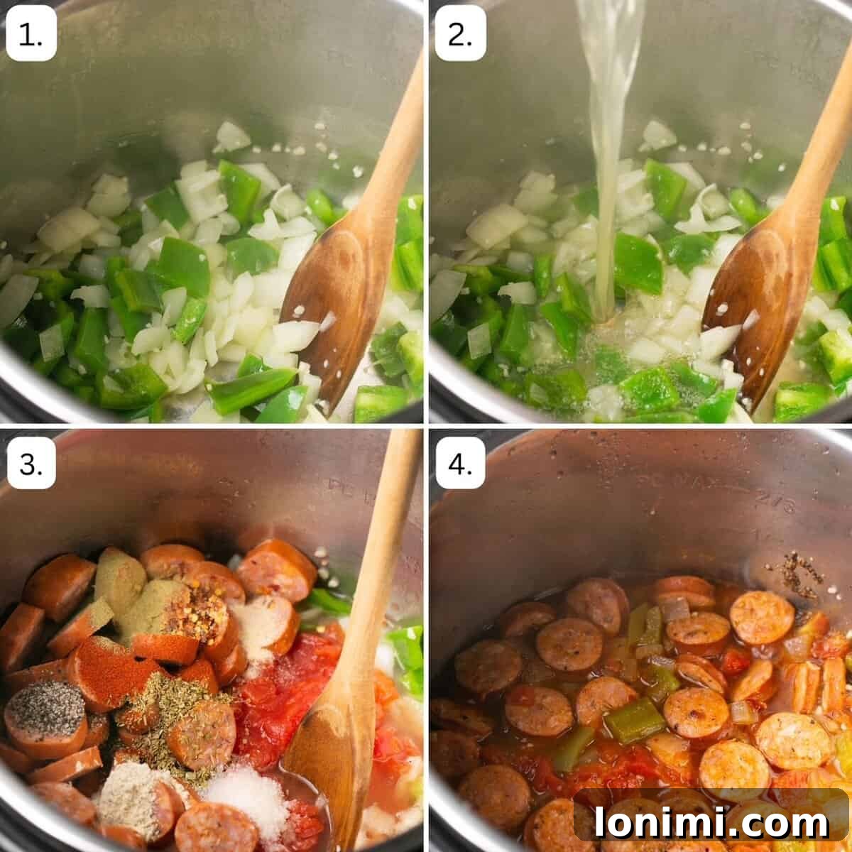 numbered step by step photos showing how to make instant pot jambalaya