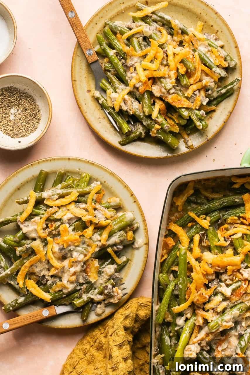 an overhead shot of gluten-free green bean casserole served onto plates