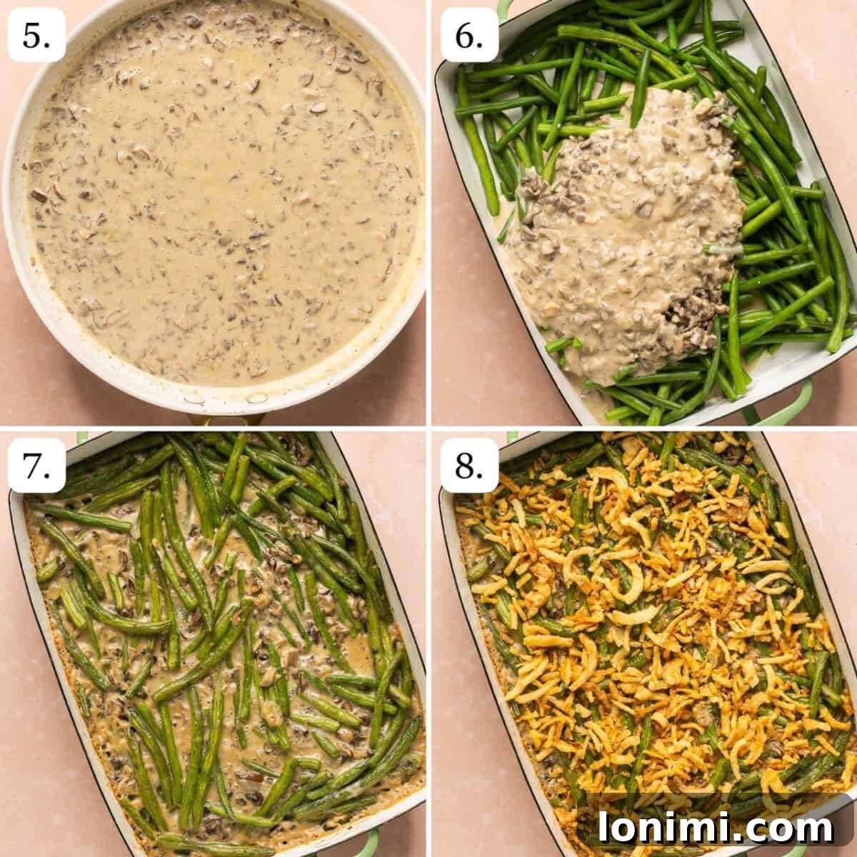 numbered step by step photos showing how to assemble the casserole 