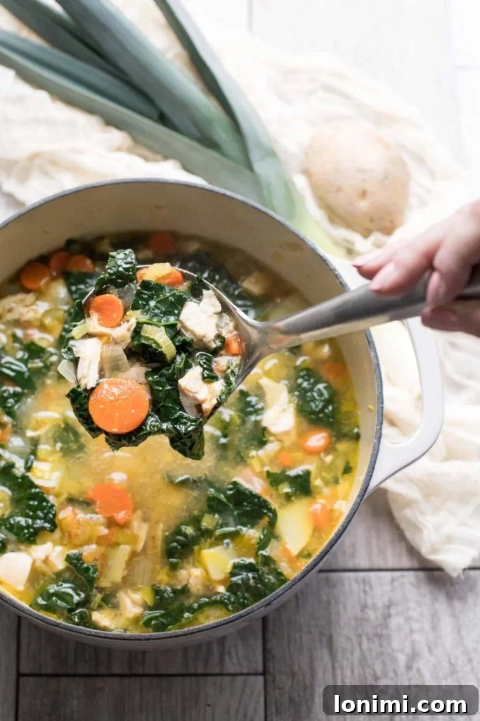 25 Hearty Whole30 Soups, Stews, and Chilis 16 Delicious Whole30 Potato Leek Chicken Soup with kale, a light yet satisfying meal garnished with fresh herbs.