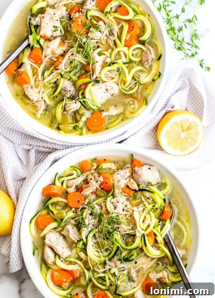 25 Hearty Whole30 Soups, Stews, and Chilis 18 Quick and healthy Instant Pot Chicken Zoodle Soup, a gluten-free and Whole30 option with zucchini noodles.