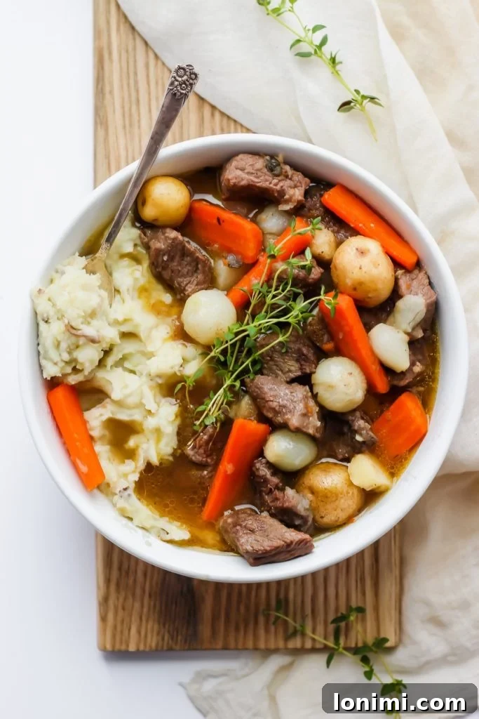 25 Hearty Whole30 Soups, Stews, and Chilis 19 A rich and hearty bowl of Comforting Irish Beef Stew, perfect for a cold day, with tender beef and root vegetables.