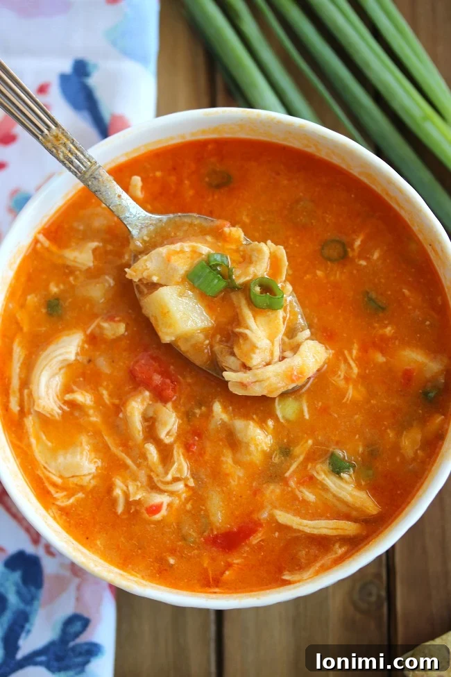 25 Hearty Whole30 Soups, Stews, and Chilis 24 Spicy Buffalo Chicken Chowder, a Whole30 and Paleo twist on a game-day favorite, garnished with green onions.
