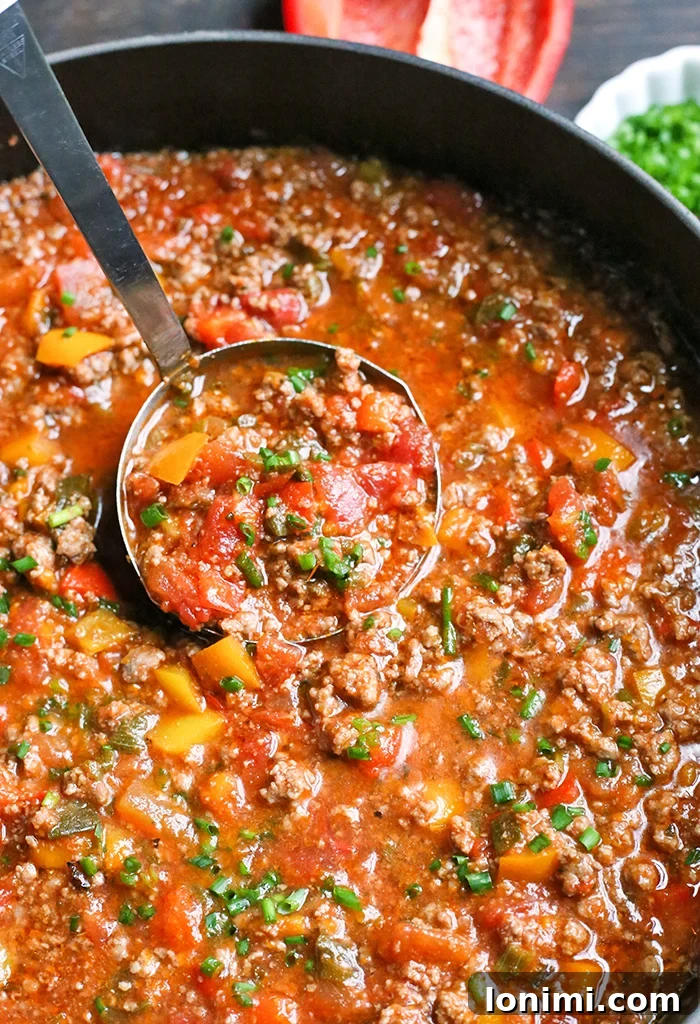 25 Hearty Whole30 Soups, Stews, and Chilis 8 Hearty Stuffed Pepper Soup, Whole30 and Paleo friendly, a deconstructed classic with ground meat and bell peppers.