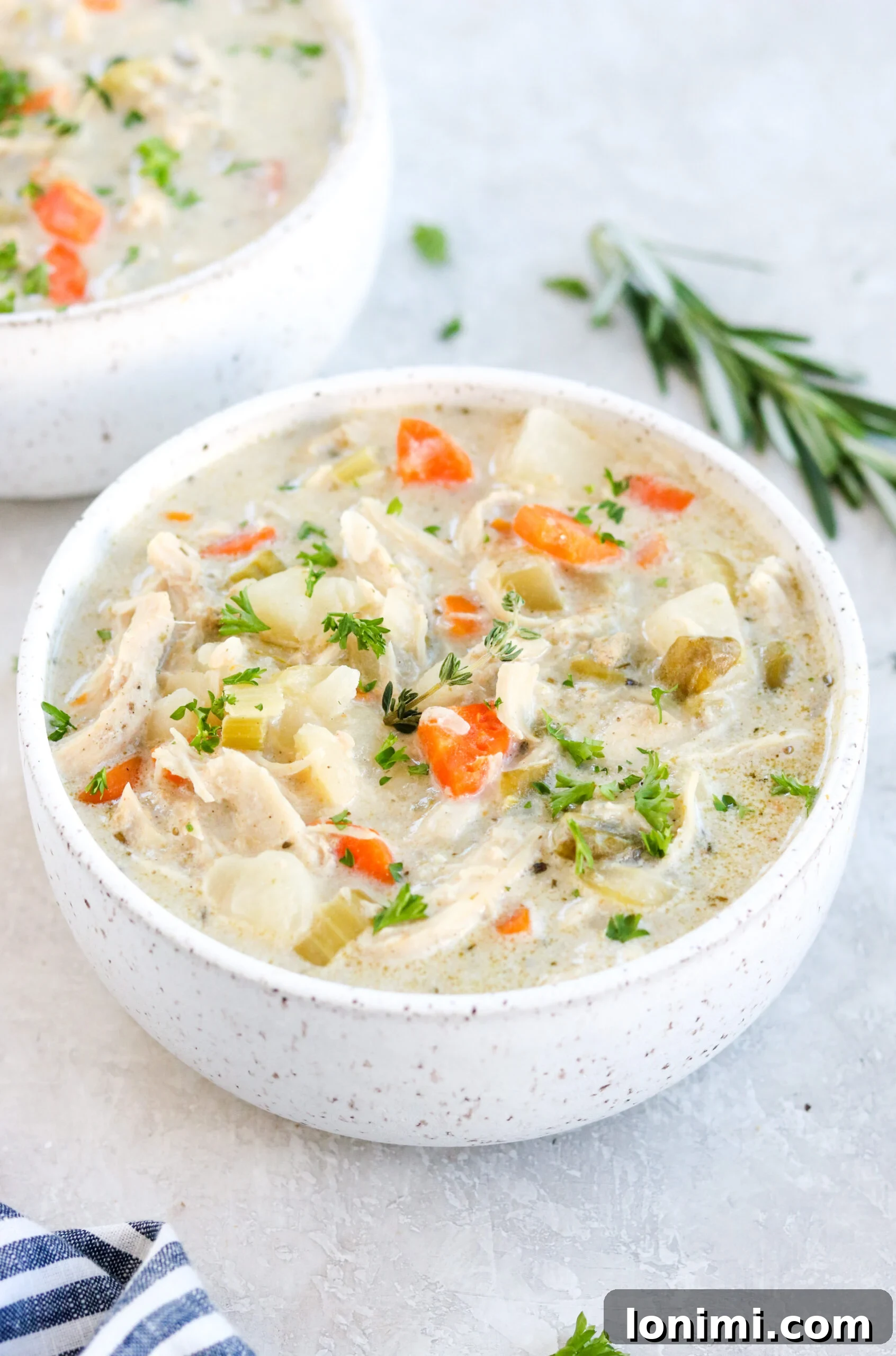 Paleo Chicken Pot Pie Soup with chicken, carrots, celery, and herbs in a white bowl on a gray surface with rosemary