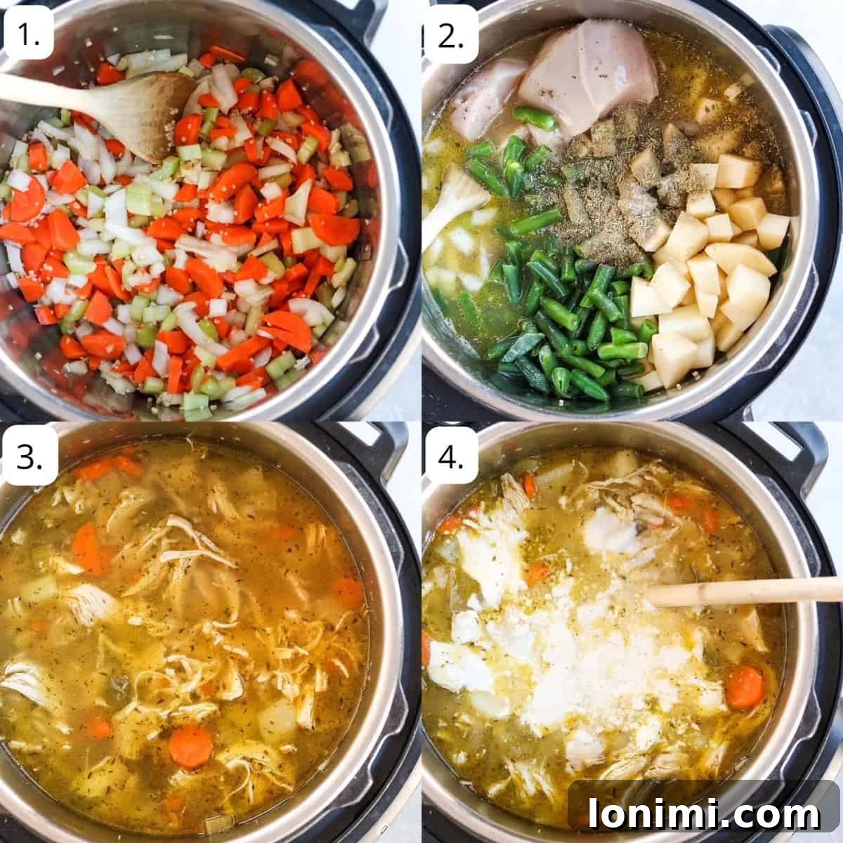four steps for making chicken pot pie soup in the instant pot
