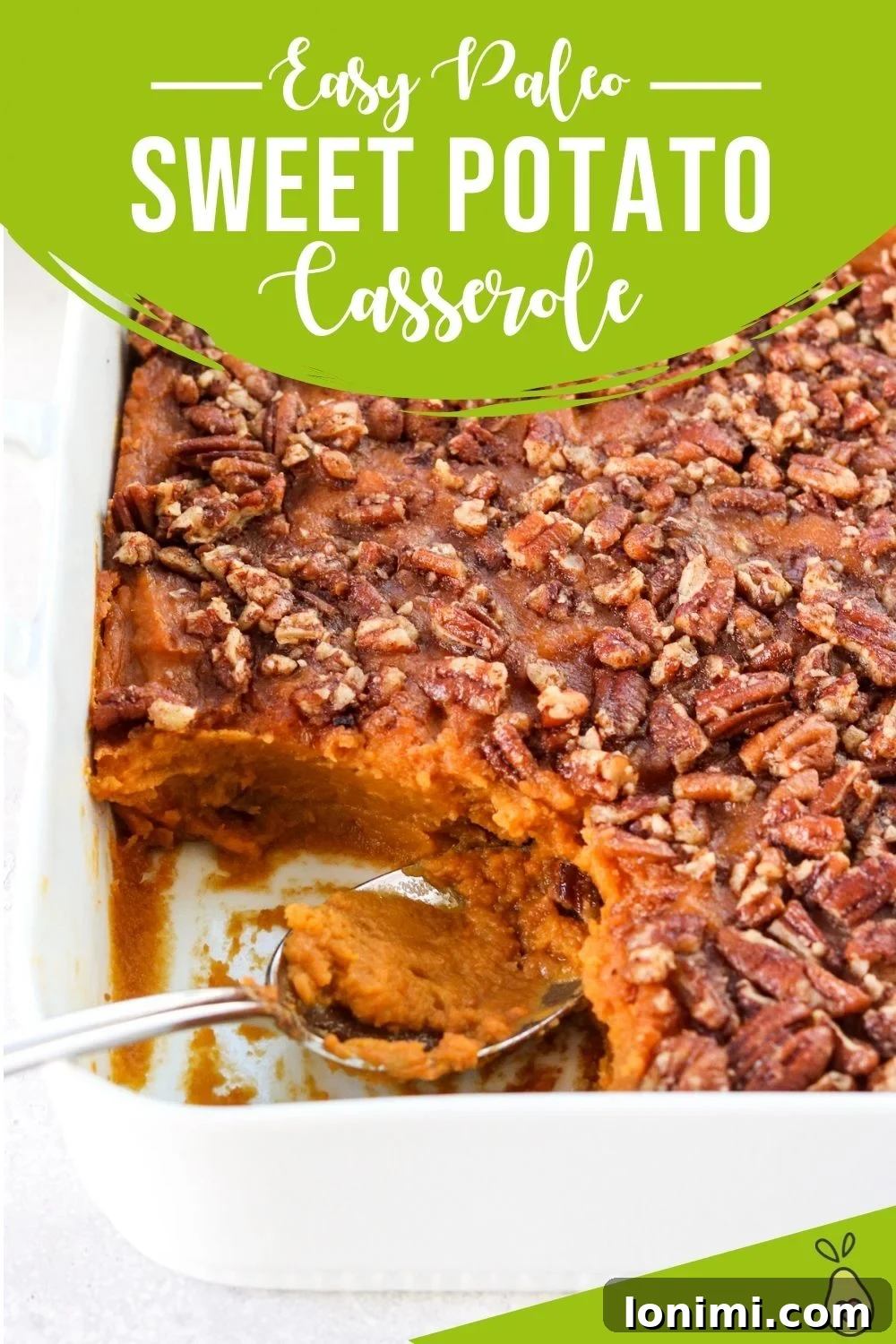 A vertical Pinterest-optimized image showcasing the Paleo Sweet Potato Casserole with a call to 'Pin It' for future reference, highlighting its dairy-free and gluten-free attributes.