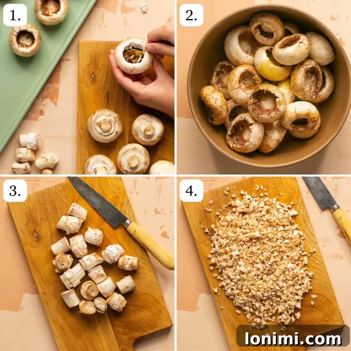 Sequential photos illustrating the preparation of mushroom caps for stuffing, showing cleaning, deseeding, and arranging on a baking sheet.