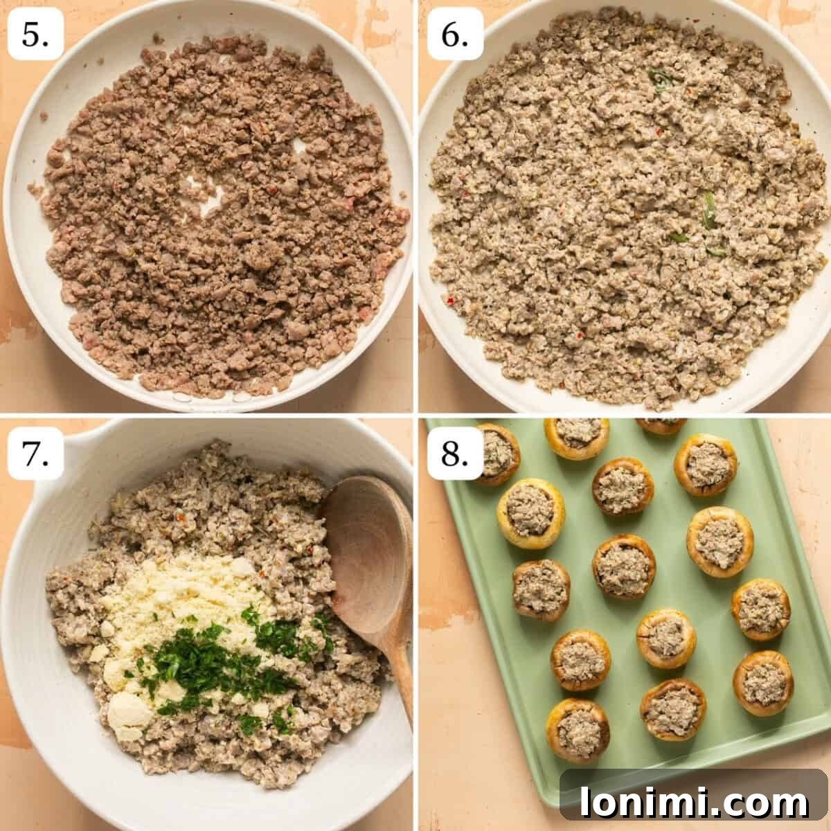 Numbered step-by-step photos demonstrating how to prepare the creamy sausage filling, stuff the mushroom caps, and prepare them for baking.