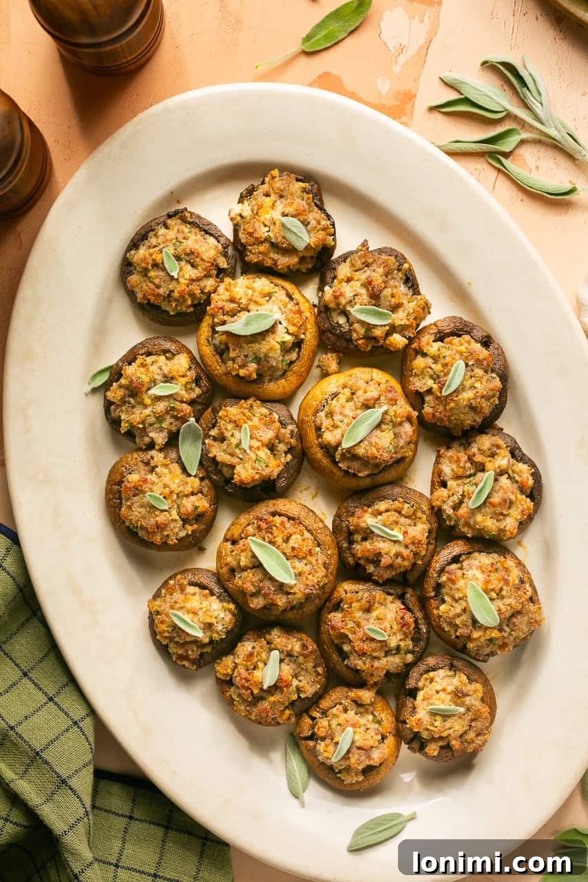 An overhead shot of a platter of golden brown sausage stuffed mushrooms, beautifully garnished with fresh sage leaves.