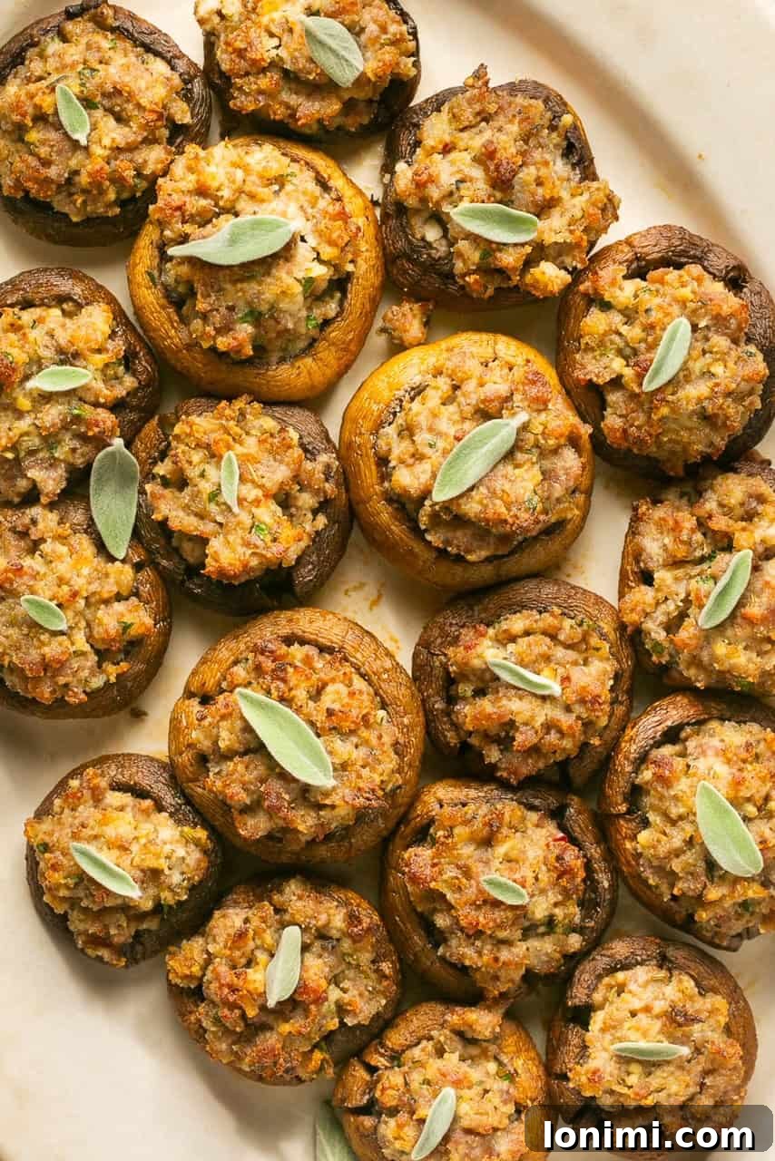 A close-up view of a single sausage stuffed mushroom, perfectly baked with a golden-brown topping, garnished with a fresh sage leaf.