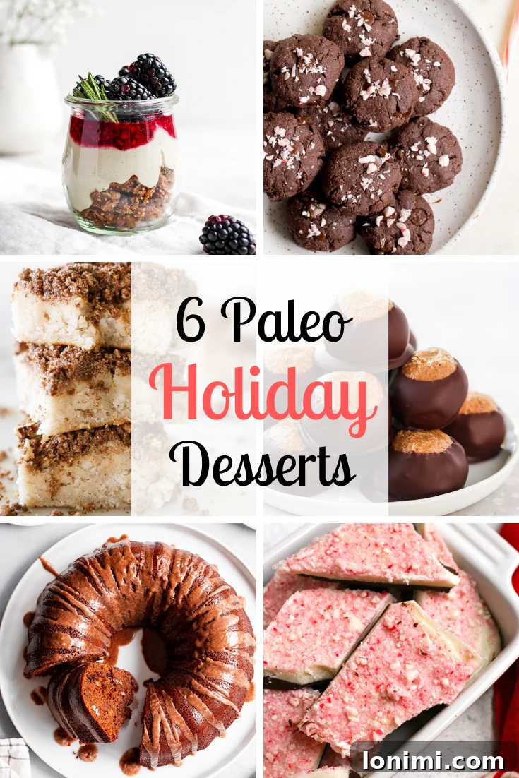 A vibrant display of various paleo-friendly desserts, including cakes, cheesecakes, and cookies, hinting at a holiday collaboration.