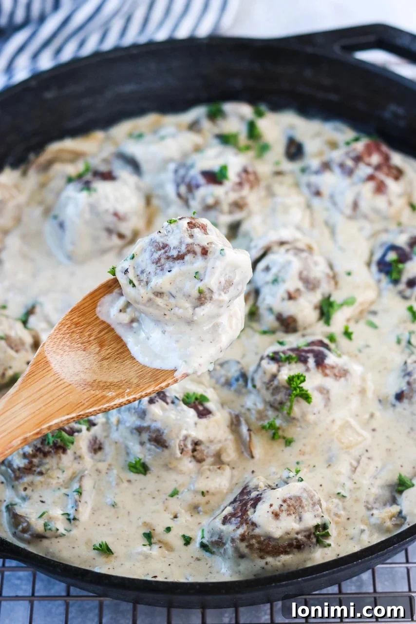 Creamy Whole30 Meatball Stroganoff 2 Whole30 Meatball Stroganoff served in a bowl, showcasing the creamy sauce and meatballs.