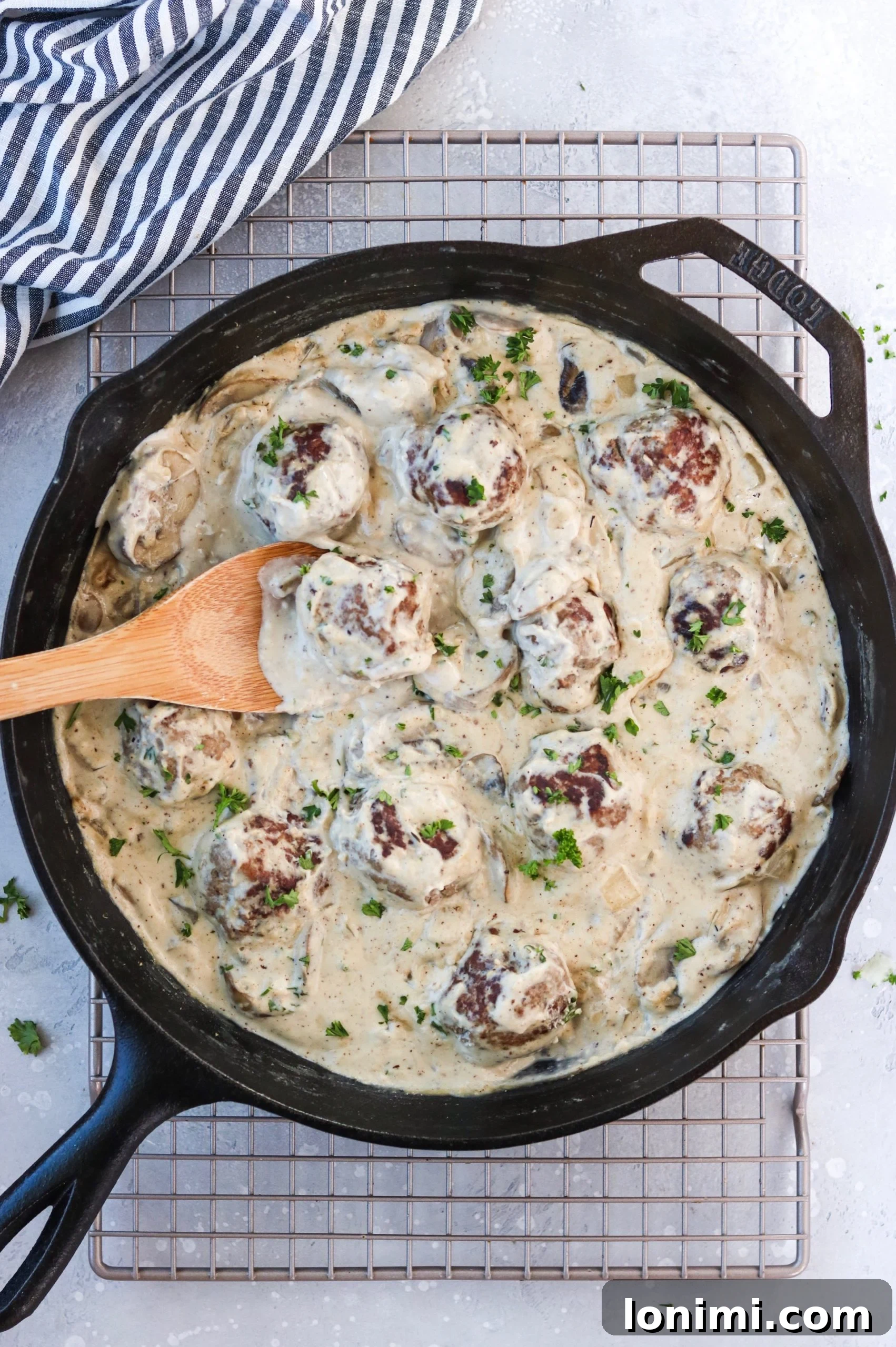 Creamy Whole30 Meatball Stroganoff 3 Close-up of Whole30 Meatball Stroganoff with a spoonful ready to be eaten.