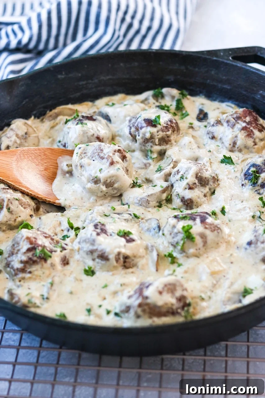 Creamy Whole30 Meatball Stroganoff 4 Another angle of the Whole30 Meatball Stroganoff, showing its inviting texture.