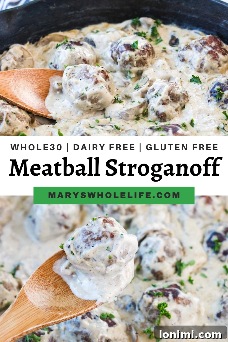 Creamy Whole30 Meatball Stroganoff 6 Overhead shot of Whole30 Meatball Stroganoff in a large pan.