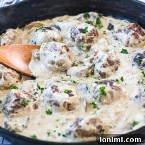 Creamy Whole30 Meatball Stroganoff 5 A bowl of Whole30 Meatball Stroganoff