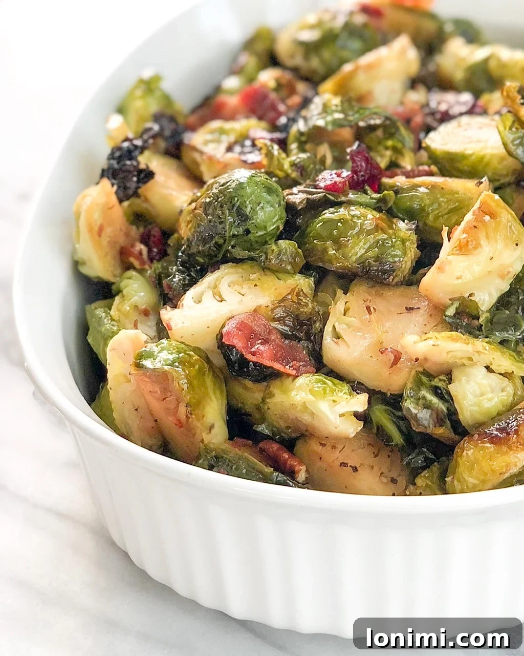 Maple Bacon Brussels Sprouts with Cranberries and Pecans