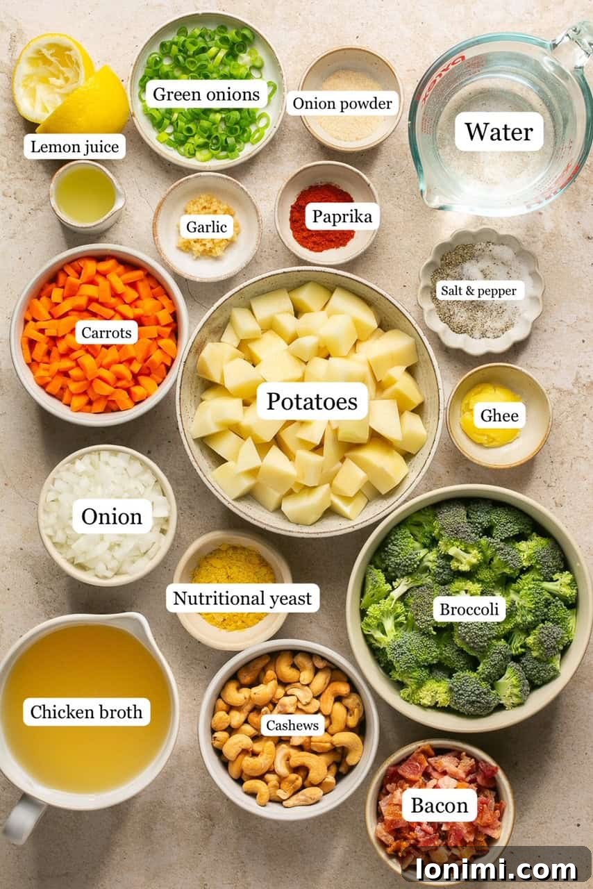 recipe ingredients in small bowls and labeled for making dairy free loaded potato soup