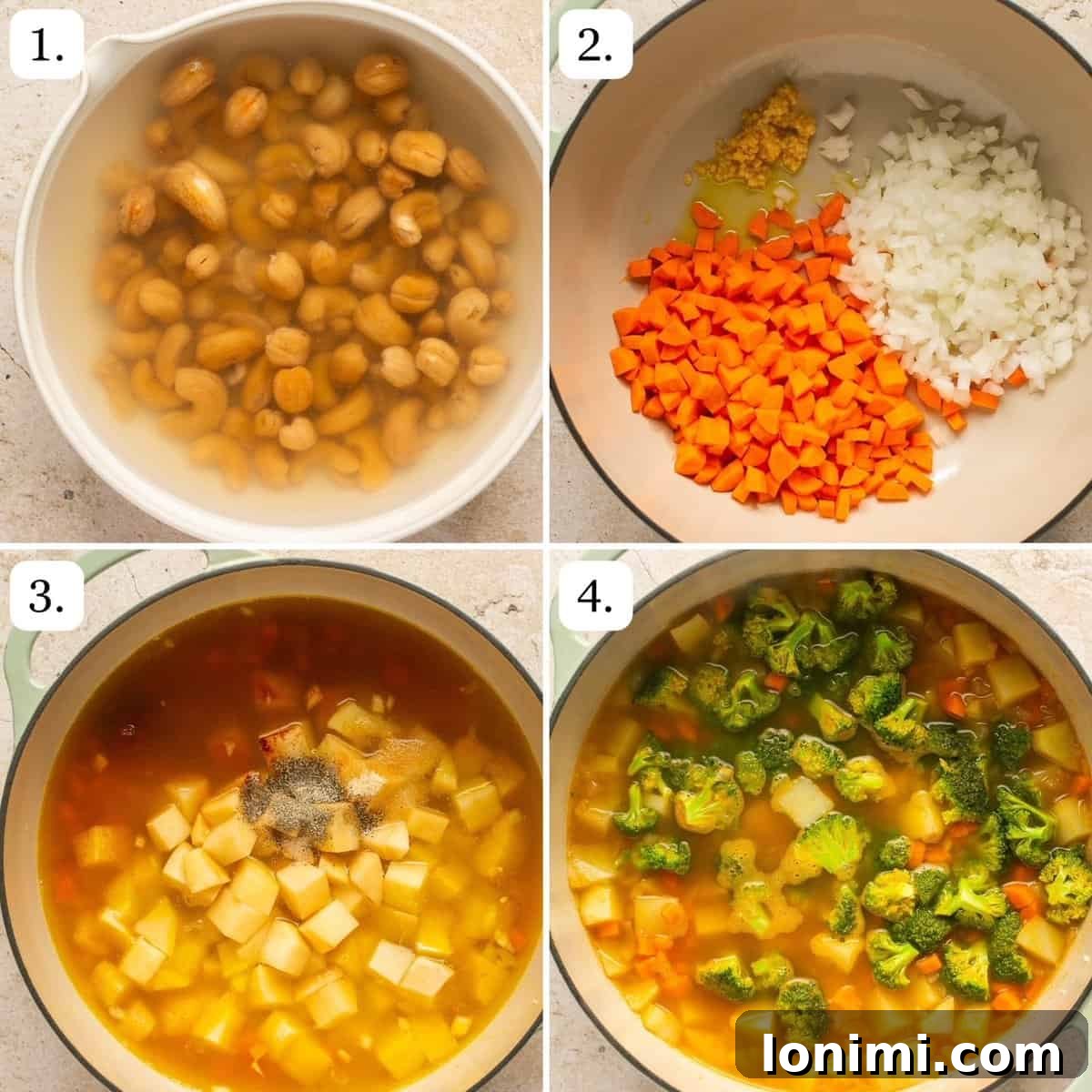 numbered step by step photos showing how to make this delicious dairy free loaded potato soup