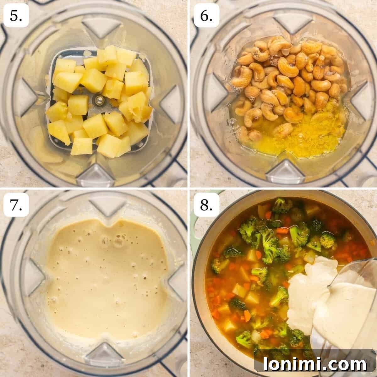 numbered step by step photos showing how to finish the dairy free loaded potato soup