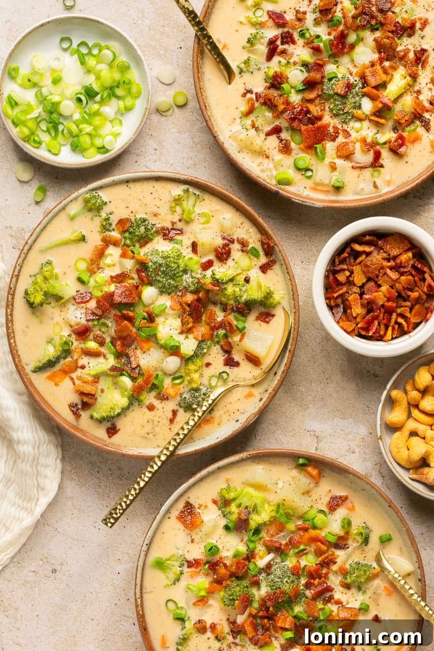 three bowls filled with dairy free loaded potato soup and garnished with bacon and green onion