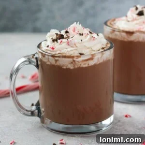 A comforting close-up shot of a mug filled with Cozy Christmas Hot Chocolate, ready to be enjoyed during the festive season.