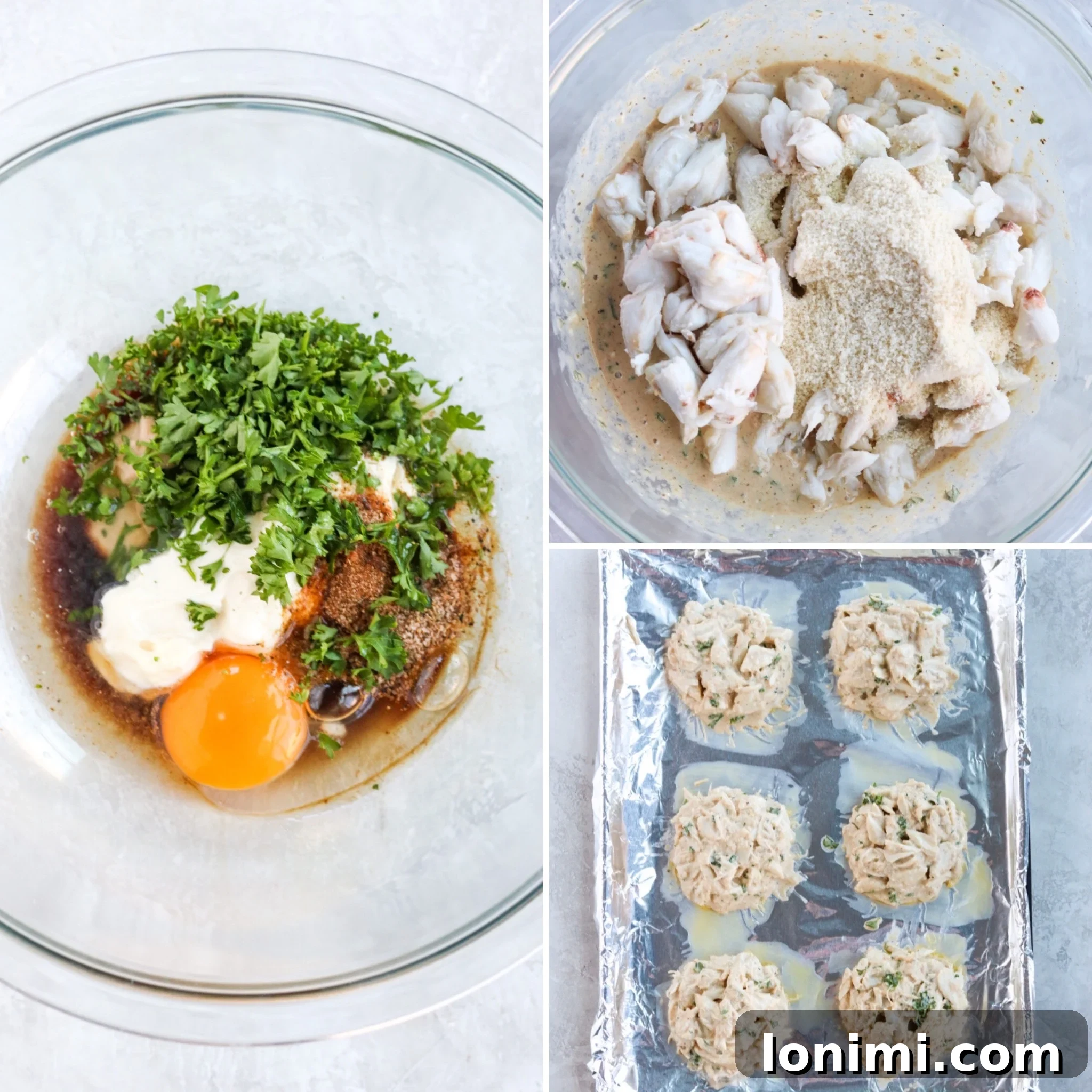 Ultimate Gluten Free Maryland Crab Cakes with Delicious Sauce Recipes 5 Three photos demonstrating the steps to form gluten-free crab cakes.
