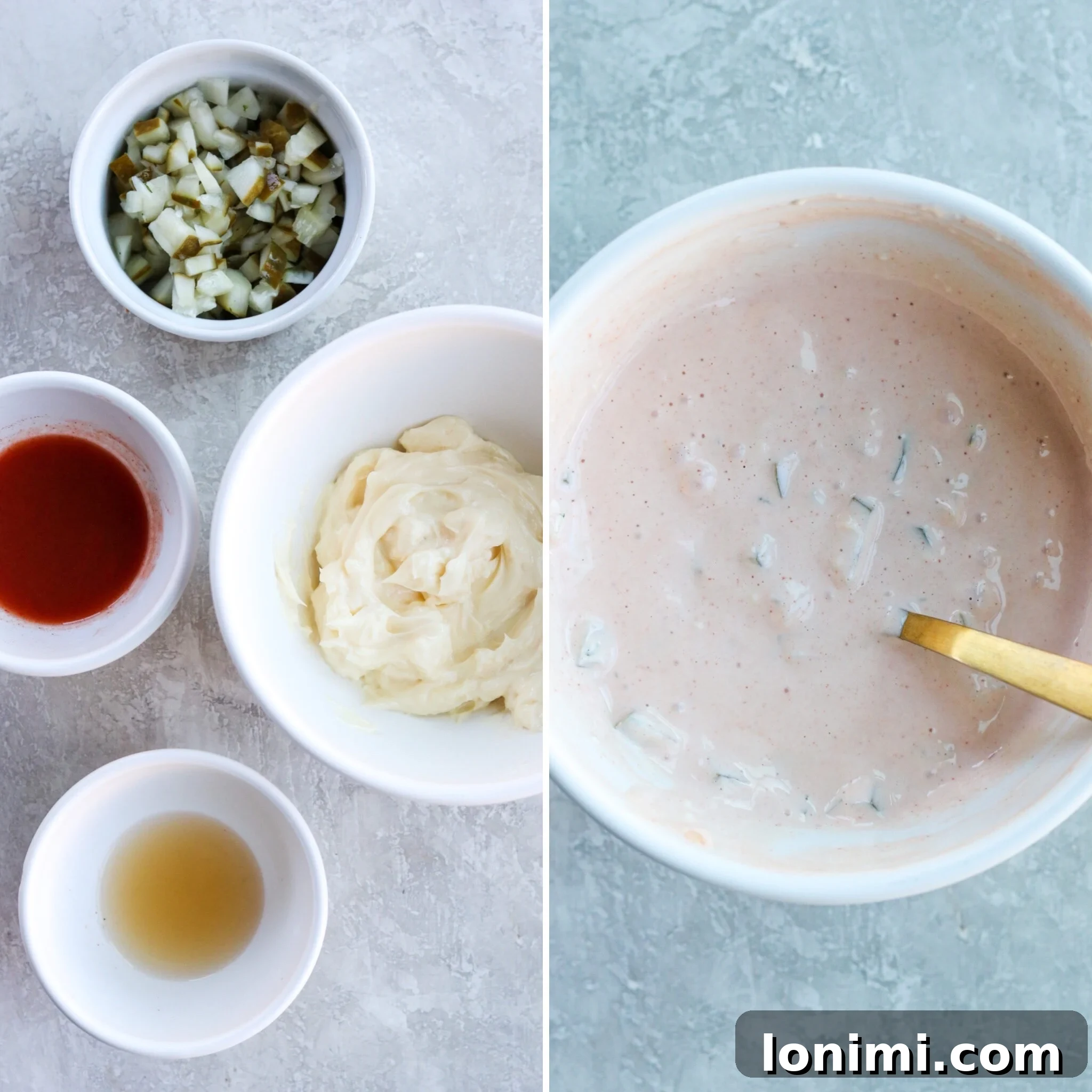 Ultimate Gluten Free Maryland Crab Cakes with Delicious Sauce Recipes 6 Two photos showing ingredients for tartar sauce and then the mixed sauce, perfect for crab cakes.