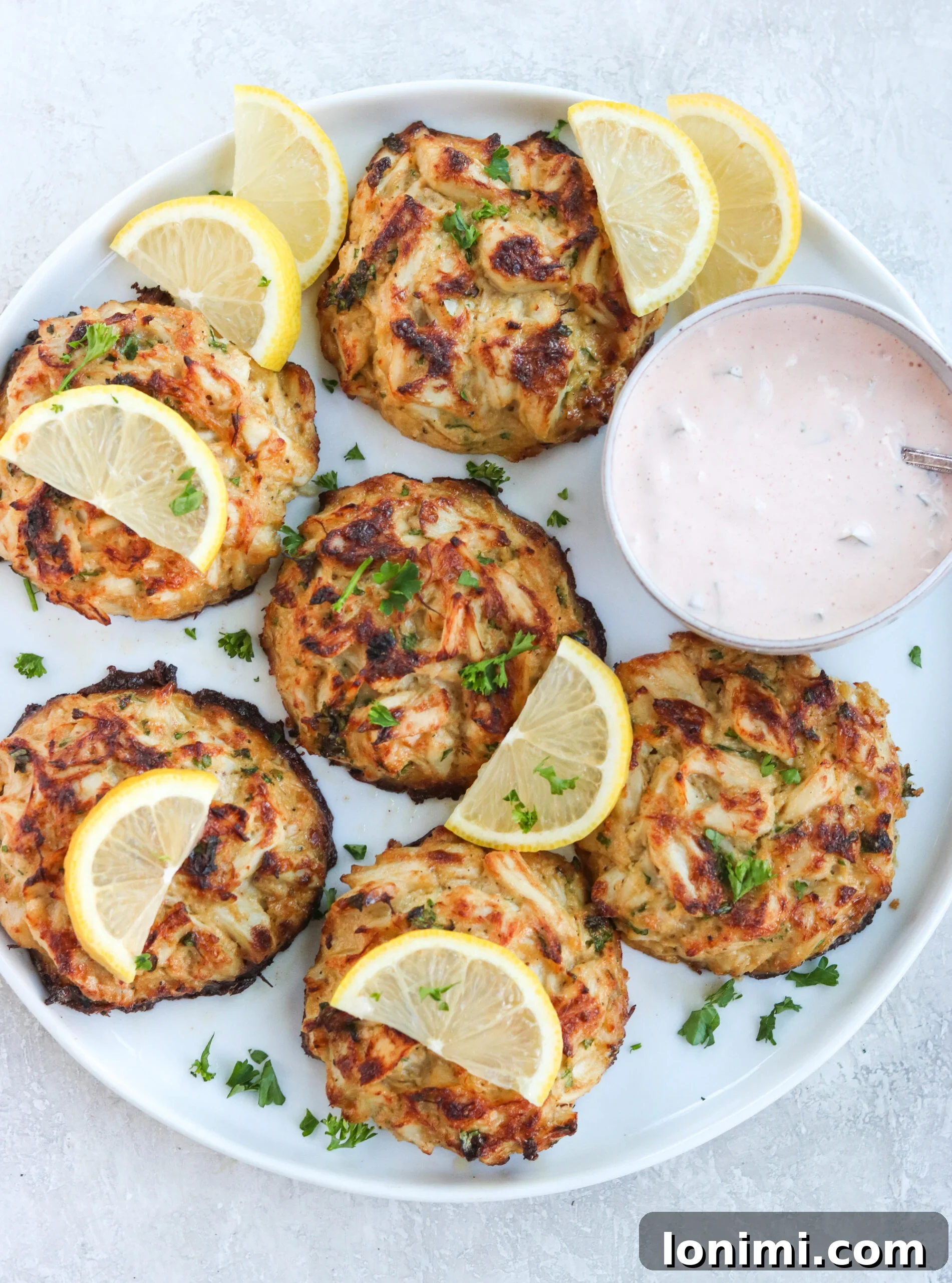 Ultimate Gluten Free Maryland Crab Cakes with Delicious Sauce Recipes 7 Crispy crab cakes on a white plate, garnished with lemon wedges, beside a bowl of dipping sauce.