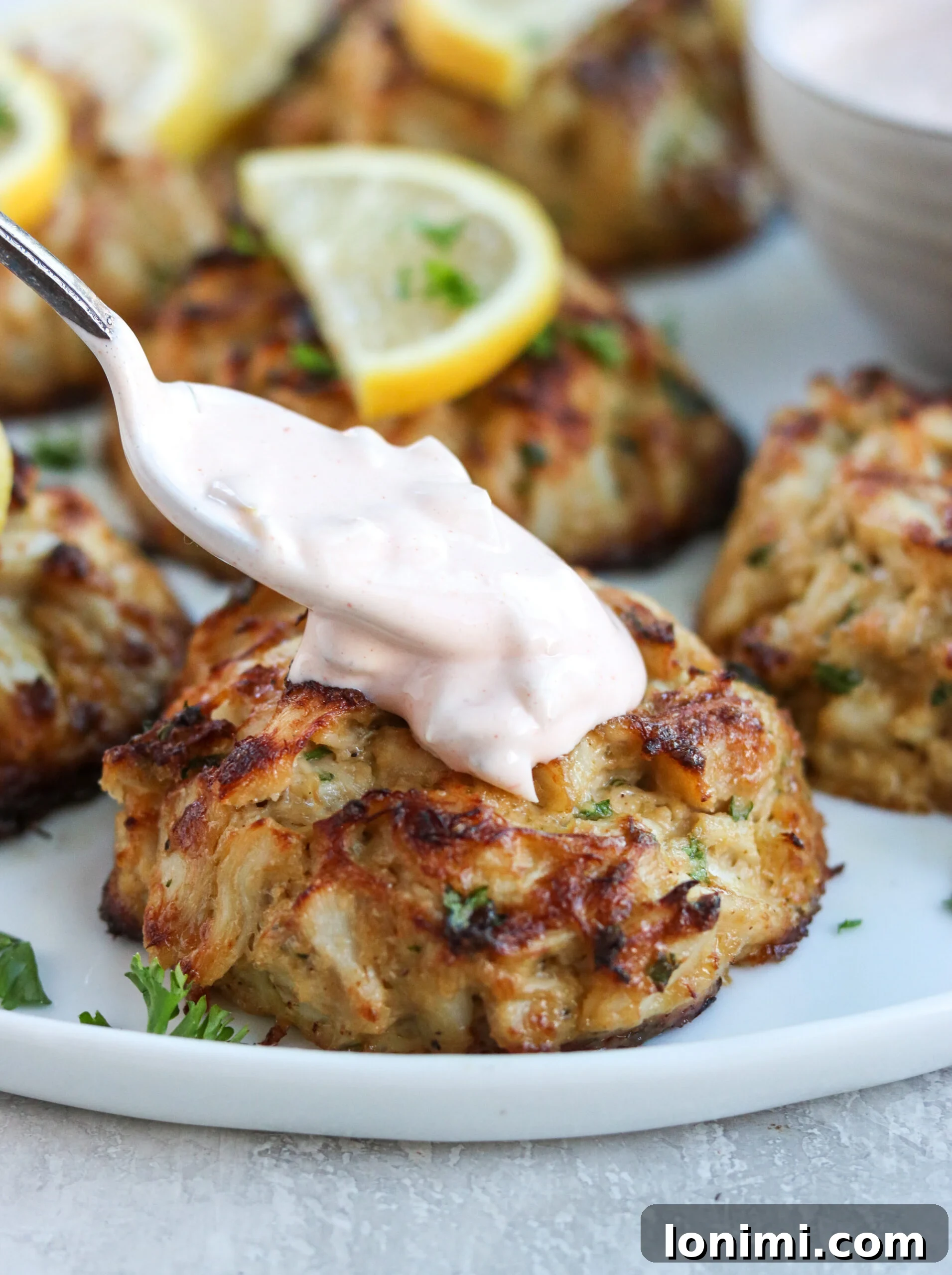 Ultimate Gluten Free Maryland Crab Cakes with Delicious Sauce Recipes 8 Topping a crispy crab cake with a dollop of vibrant cocktail sauce.