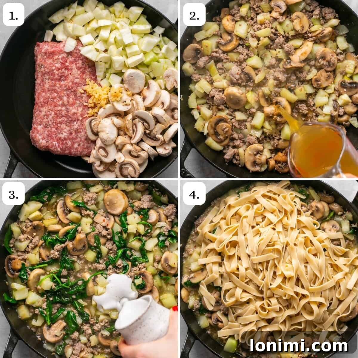 Quick and Flavorful Gluten-Free Sausage and Fennel Pasta 4 A cast iron skillet filled with a generous portion of cooked sausage and fennel pasta, ready to be served, showcasing its rich texture and vibrant colors.