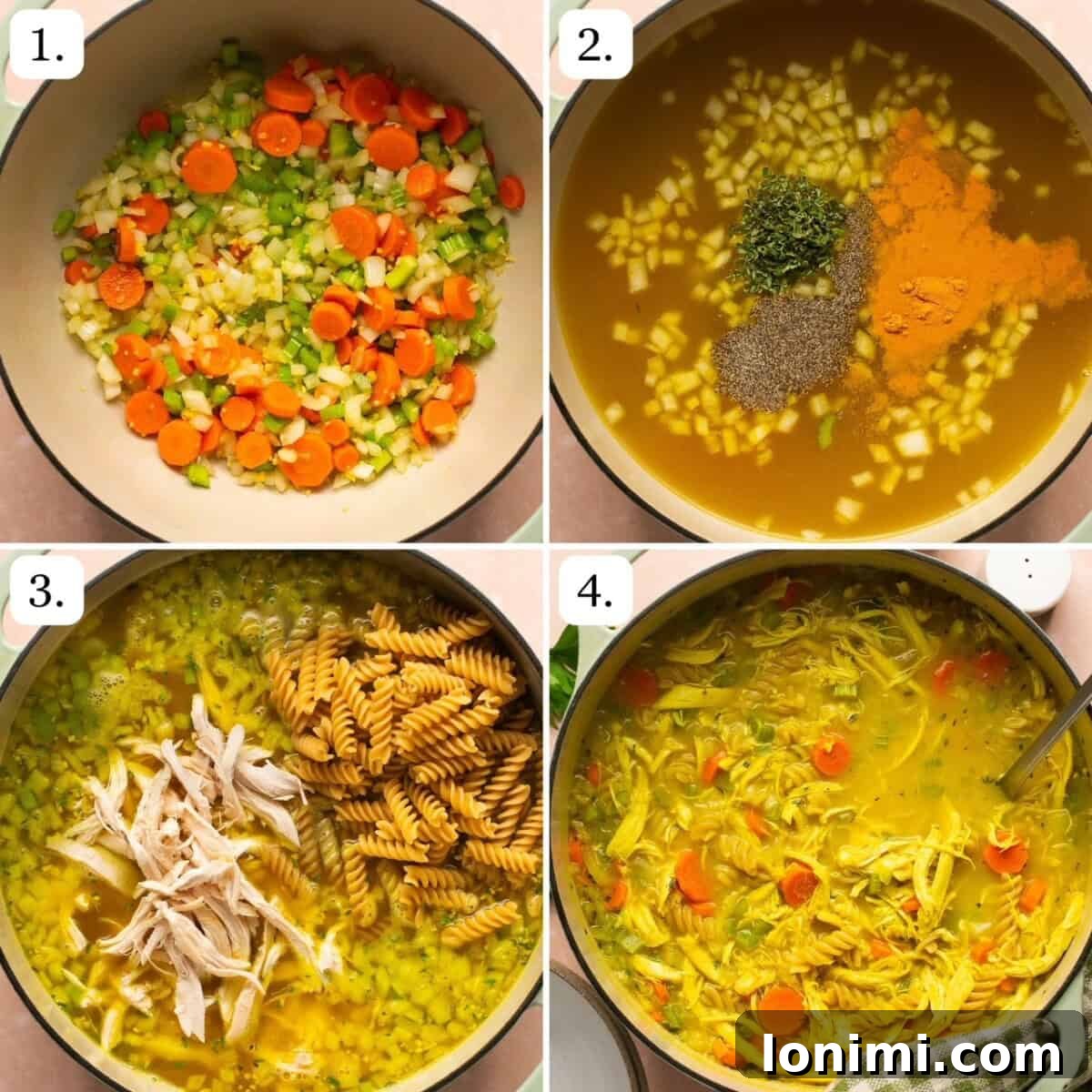 A series of step-by-step photos illustrating the process of making homemade gluten-free chicken soup, from sautéing vegetables to adding broth and chicken.