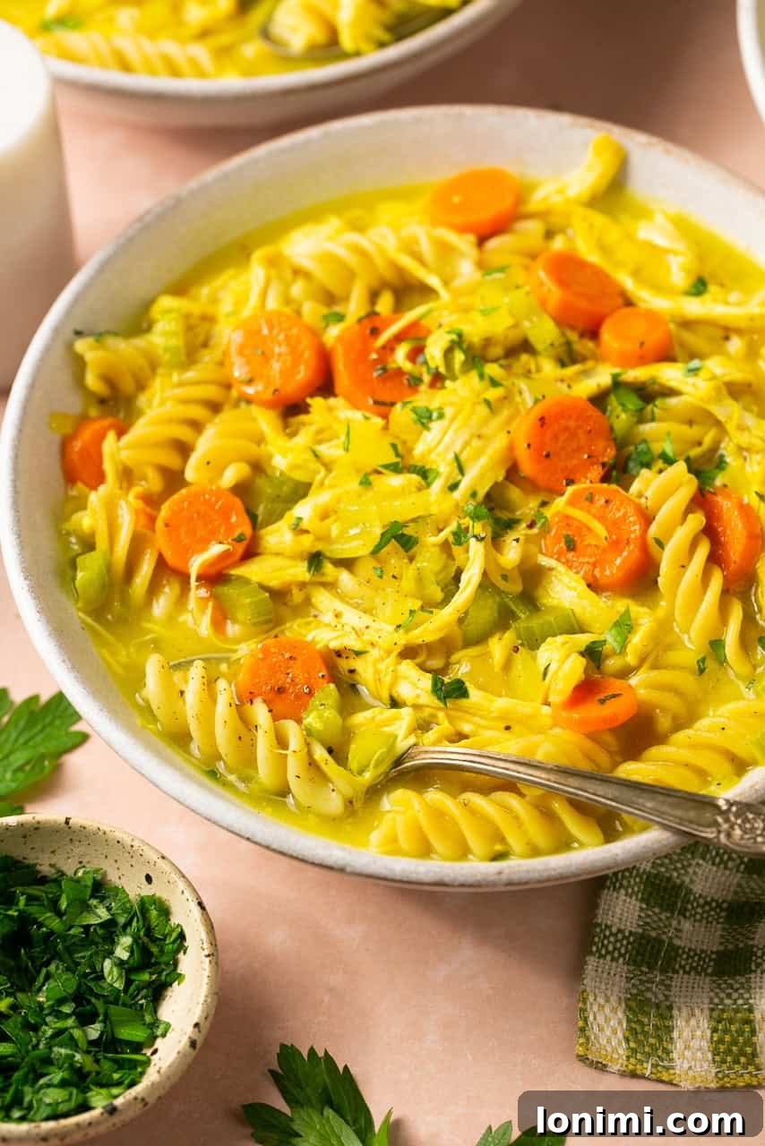 A close-up shot of a spoon gently resting inside a bowl of vibrant gluten-free chicken soup, showcasing the texture and inviting warmth.