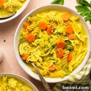 A bowl of gluten-free chicken noodle soup with parsley garnish on the side, ready to be served.